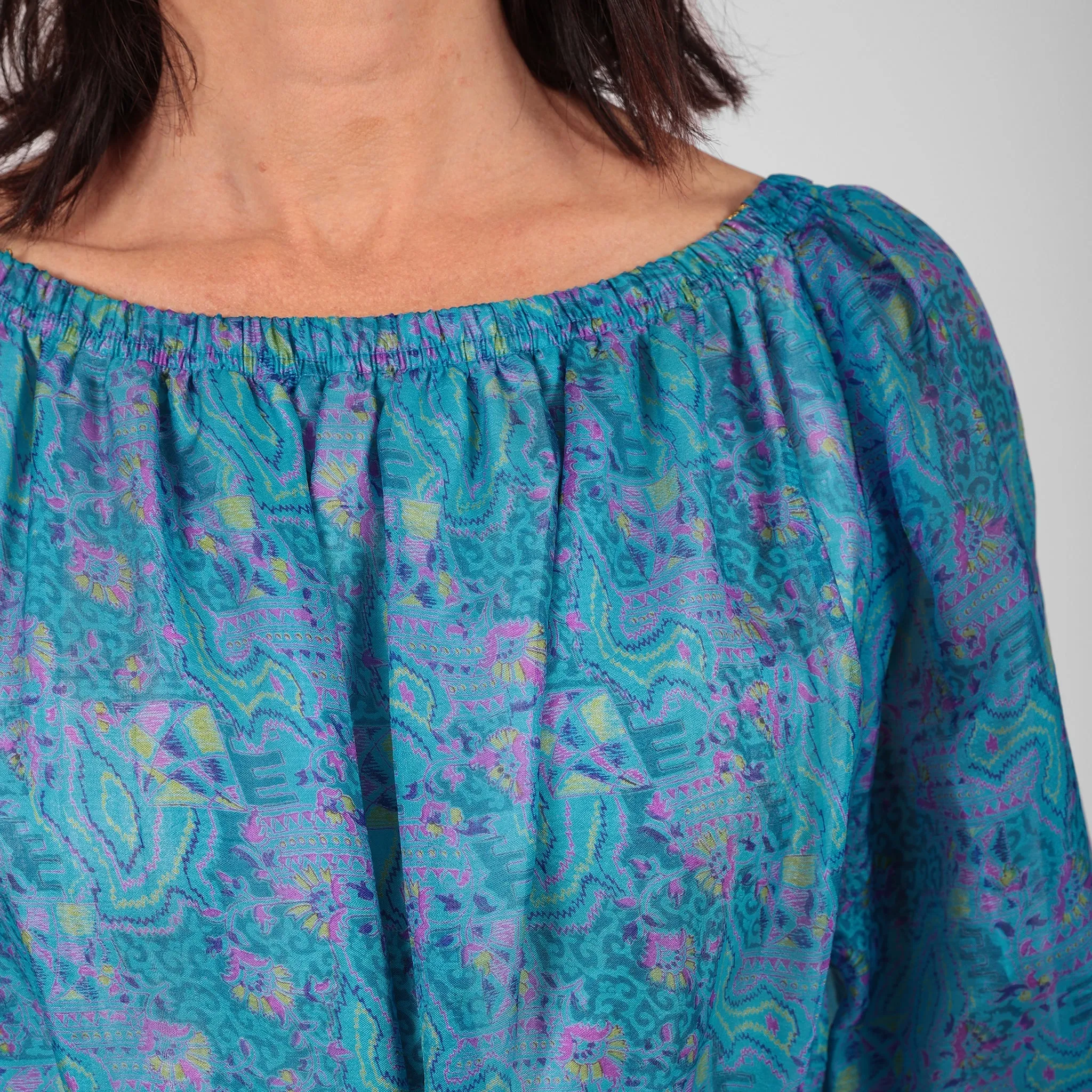 Ausus - Vintage Silk Sari Topaz Blue Paisley print Maxi Dress