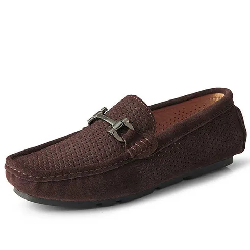 Brown hollow cut top metal buckle slip on shoe loafer