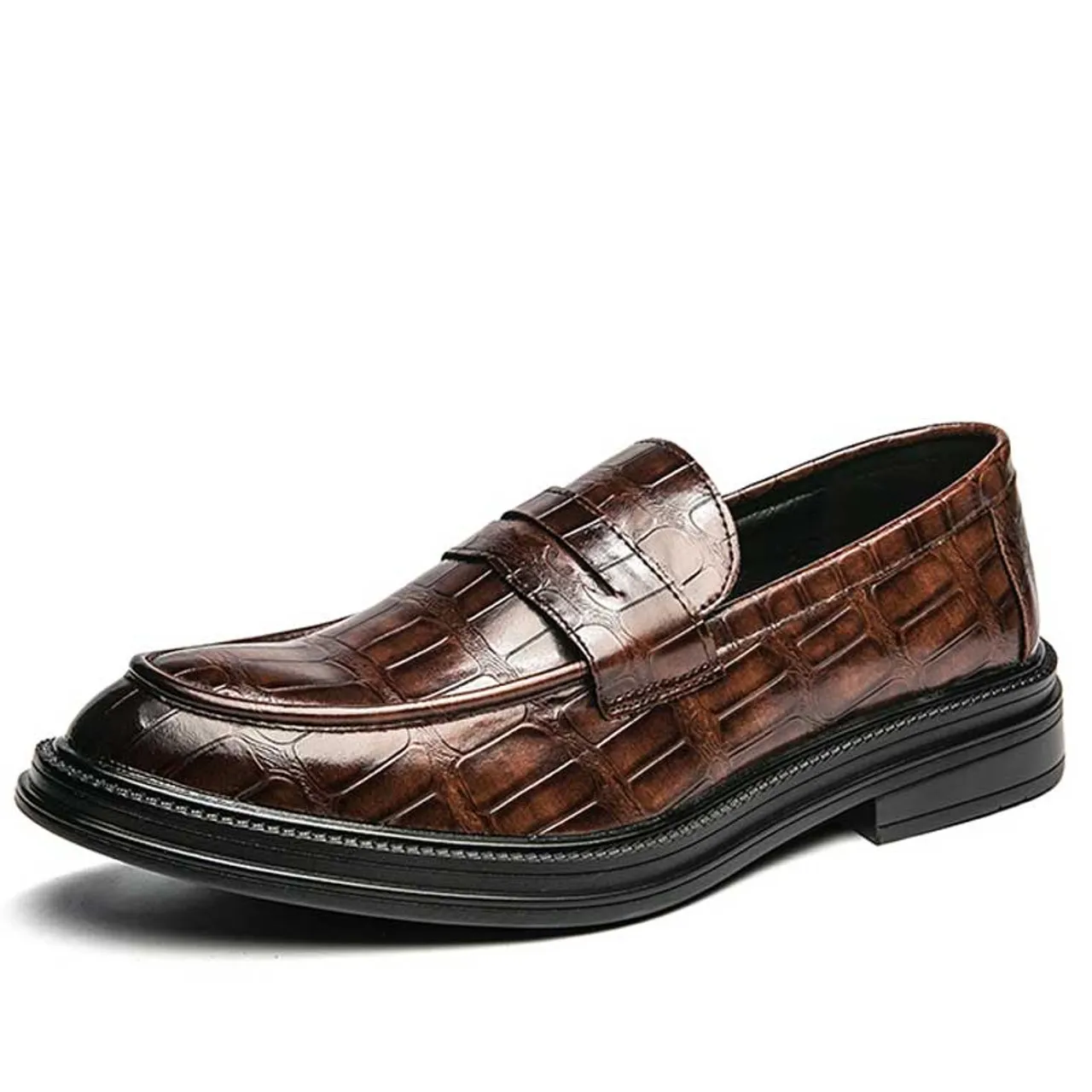 Brown retro croc skin pattern penny slip on dress shoe 2204