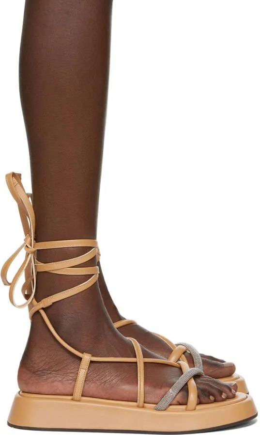 Brunello Cucinelli Tan Suede Ankle Tie Sandals
