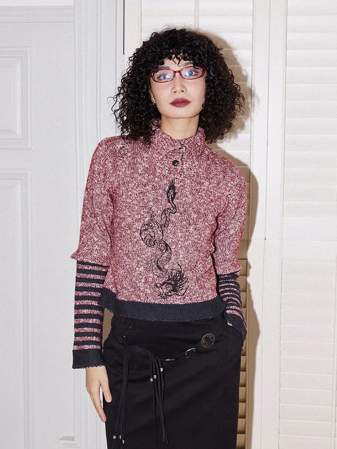 Embroidery High-Neck Border Retro Casual Knit