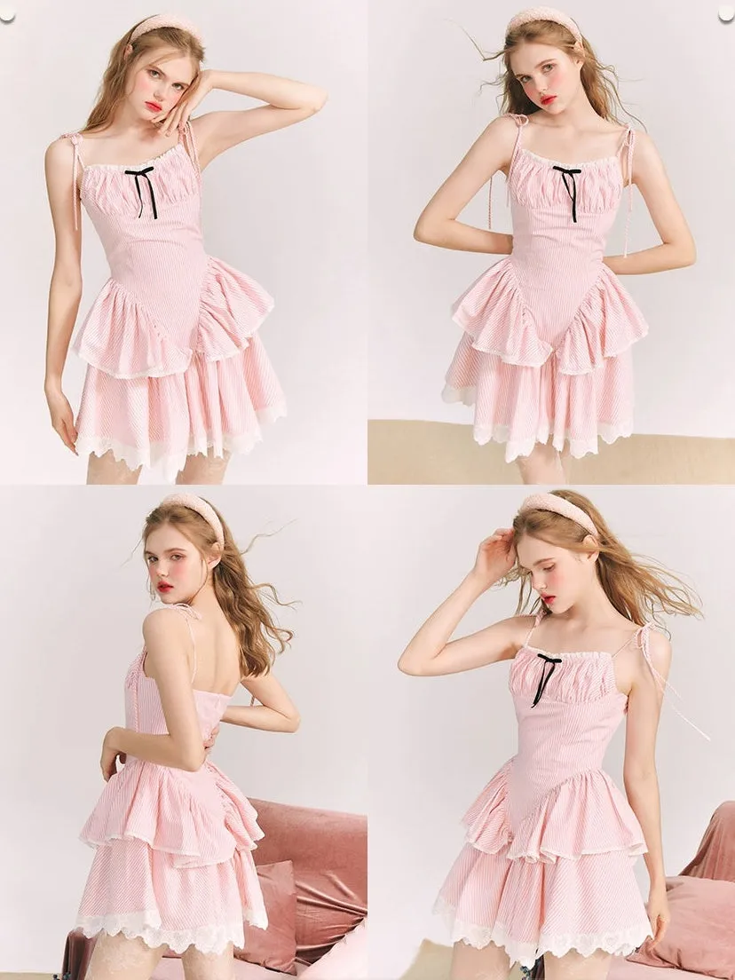 Lace Striped Suspenders Fluffy Dress