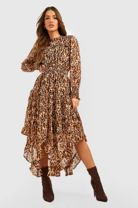 Leopard High Neck Frill Midi Skater Dress