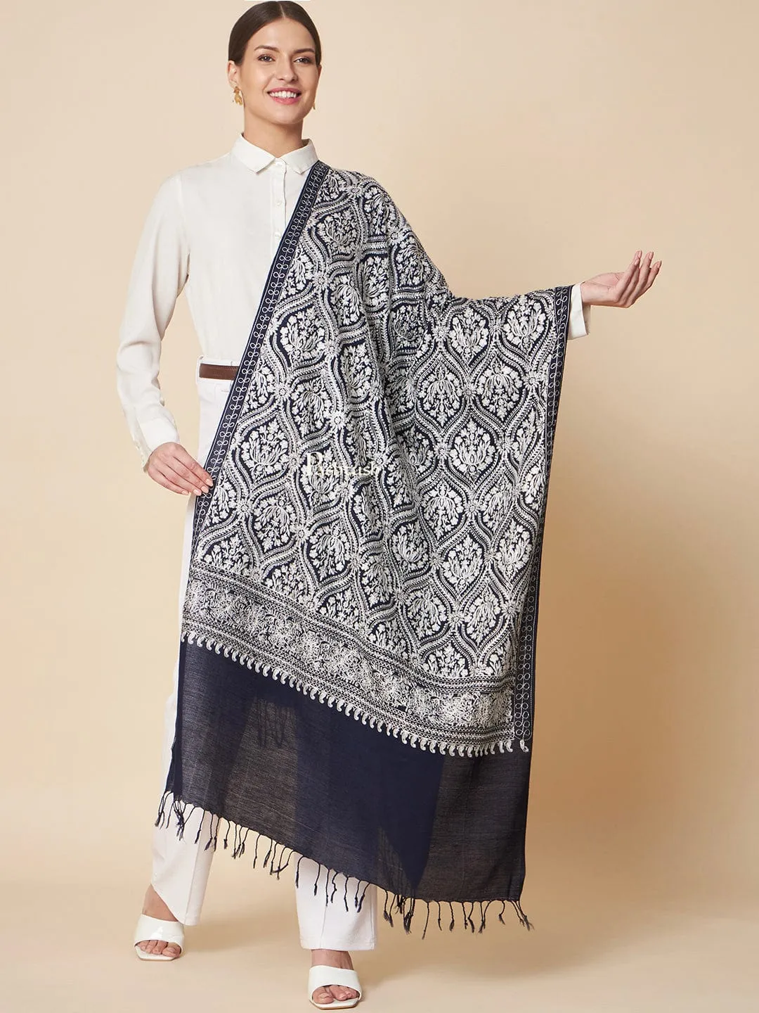 Pashtush Womens Fine Wool Stole, Silky Nalki Embroidery Design, Navy Blue