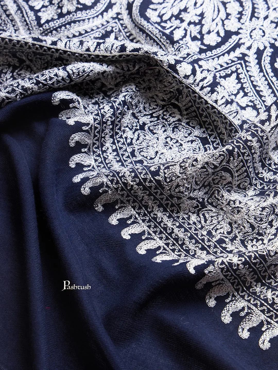 Pashtush Womens Fine Wool Stole, Silky Nalki Embroidery Design, Navy Blue