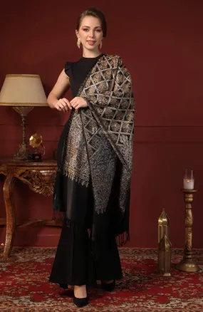 Pashtush Womens Fine Wool Stole With Nalki Embroidery, Black