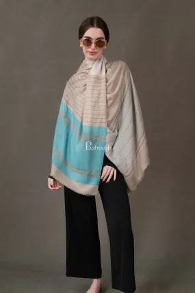 Pashtush Womens Stole, Extra Fine Wool-Silk, Twilight Collection, Beige and Aqua Blue