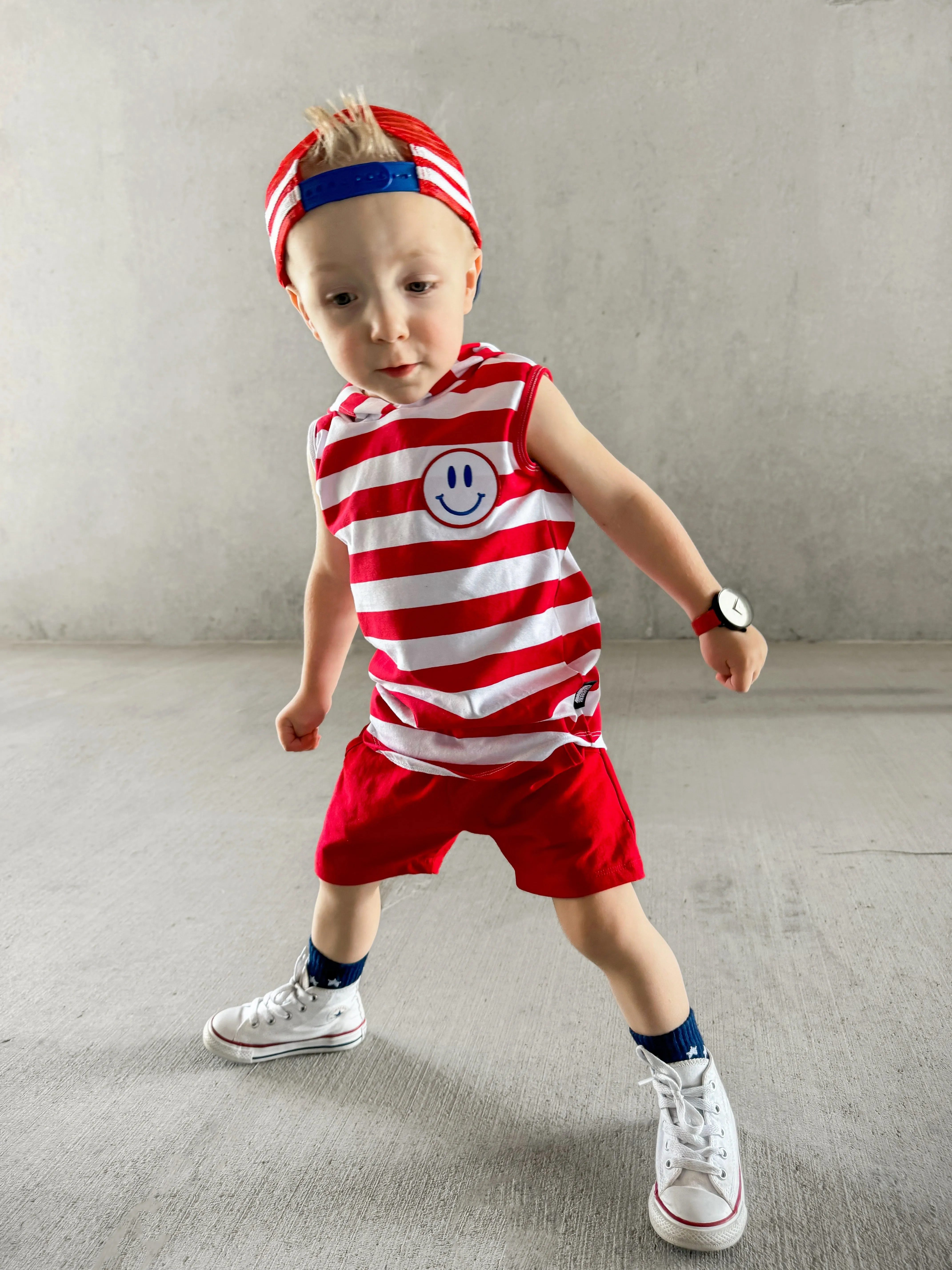 Red and White Stripe Hoodie Tank with Smiley Face Patch